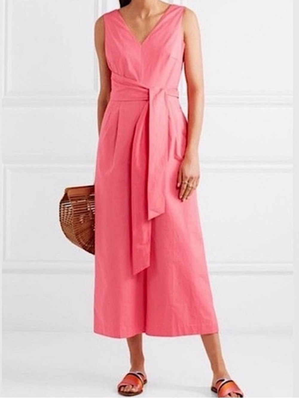 J. Crew Coral Pink cropped romper with Waist Sash